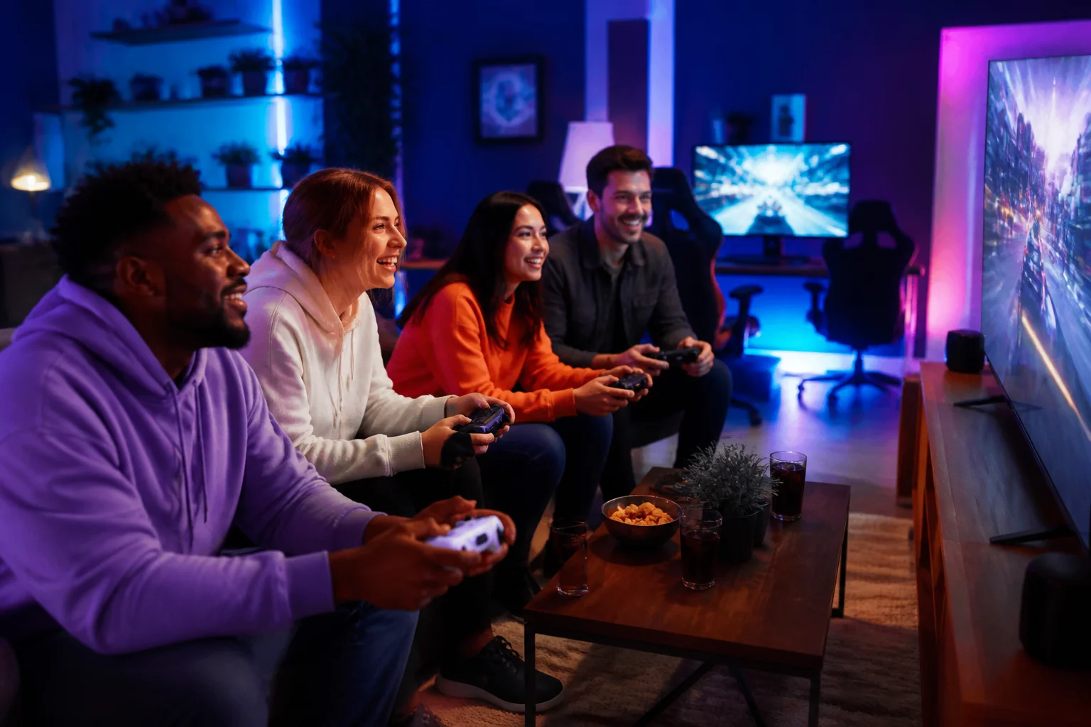 Friends playing video games together in a colourful lounge